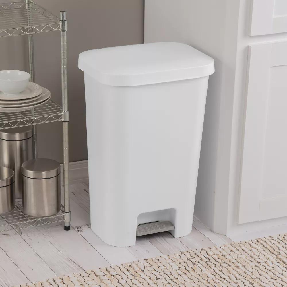 11.9gal Step Trash Can White - Pedal-Operated Kitchen Garbage Can, Textured Plastic, Indoor Use