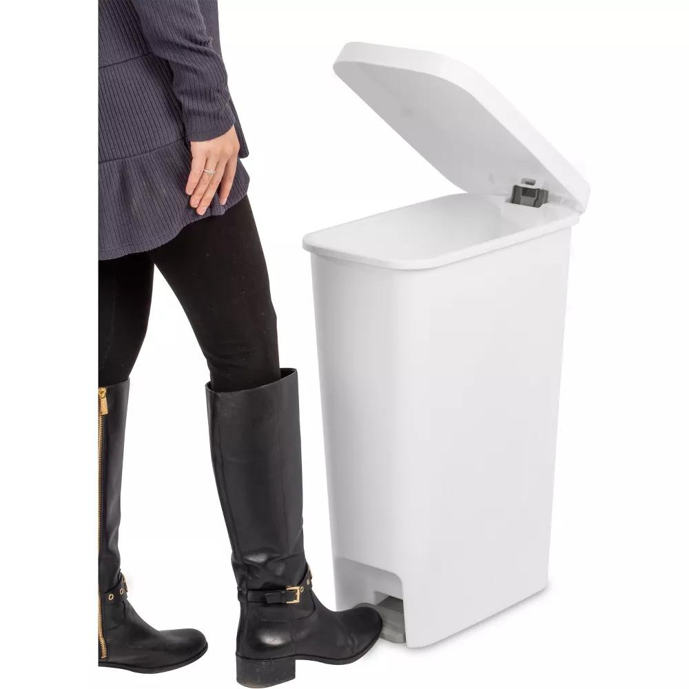 11gal Slim Step Trash Can - White Pedal-Operated Lid, Textured Indoor Kitchen Trashcan, 11 Gallon Capacity